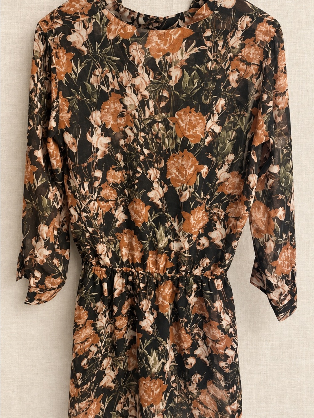 BB Dakota Black Floral Mini Dress with Brown & Cream Blooms